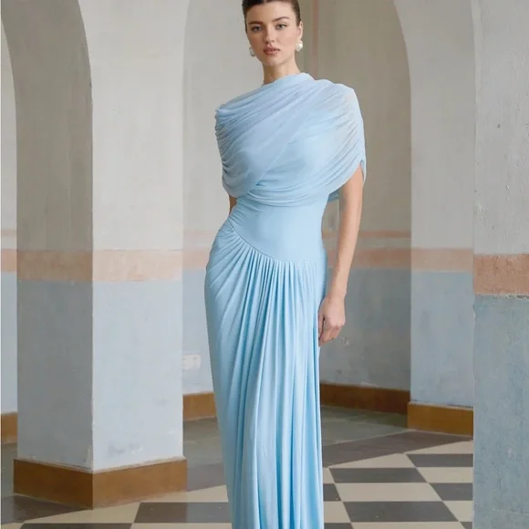 Miss Rosier Catherine Asymmetrical Pleated Maxi Dress | Baby Blue | Small - Picture 3 of 14